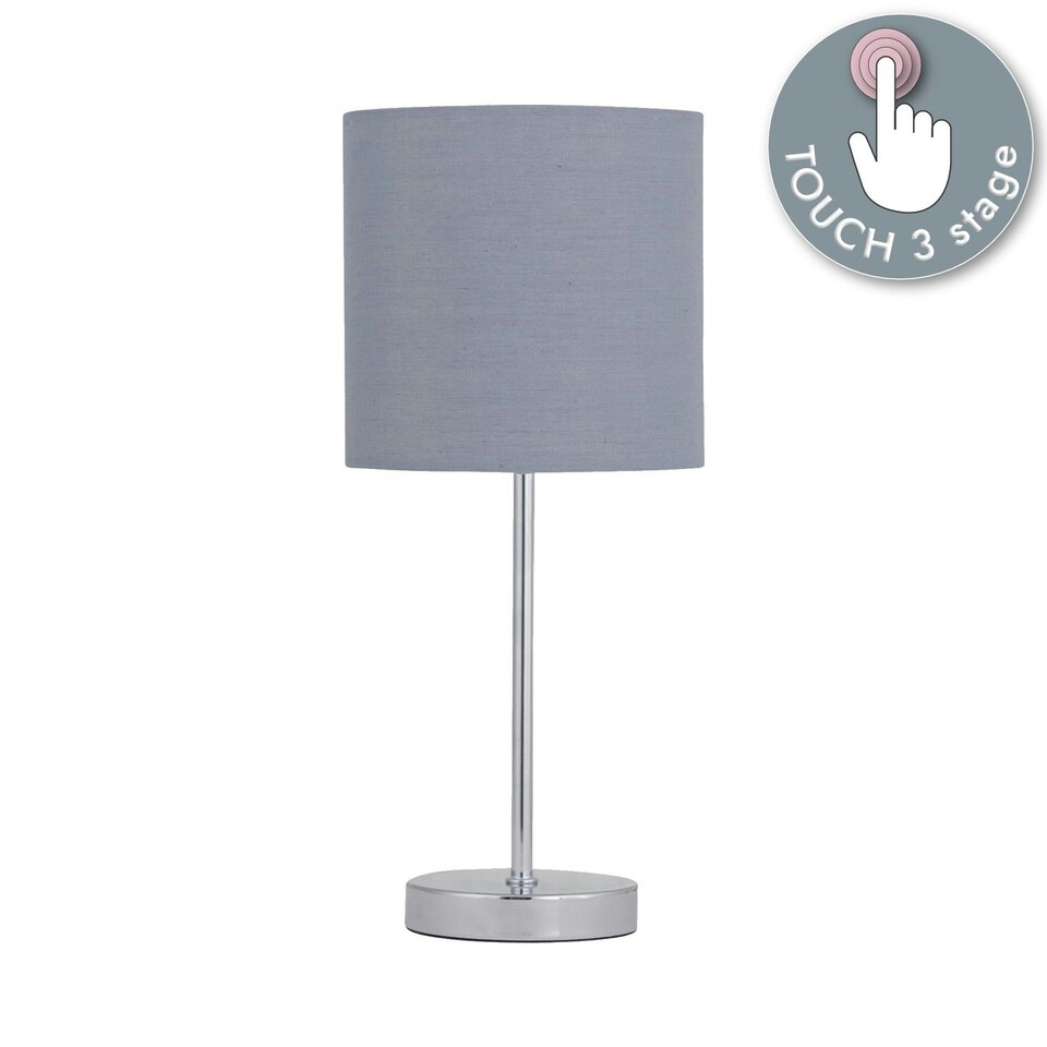 image 1 of Chrome Touch Operated Table Lamp with Grey Cotton Shade Chrome | Grey