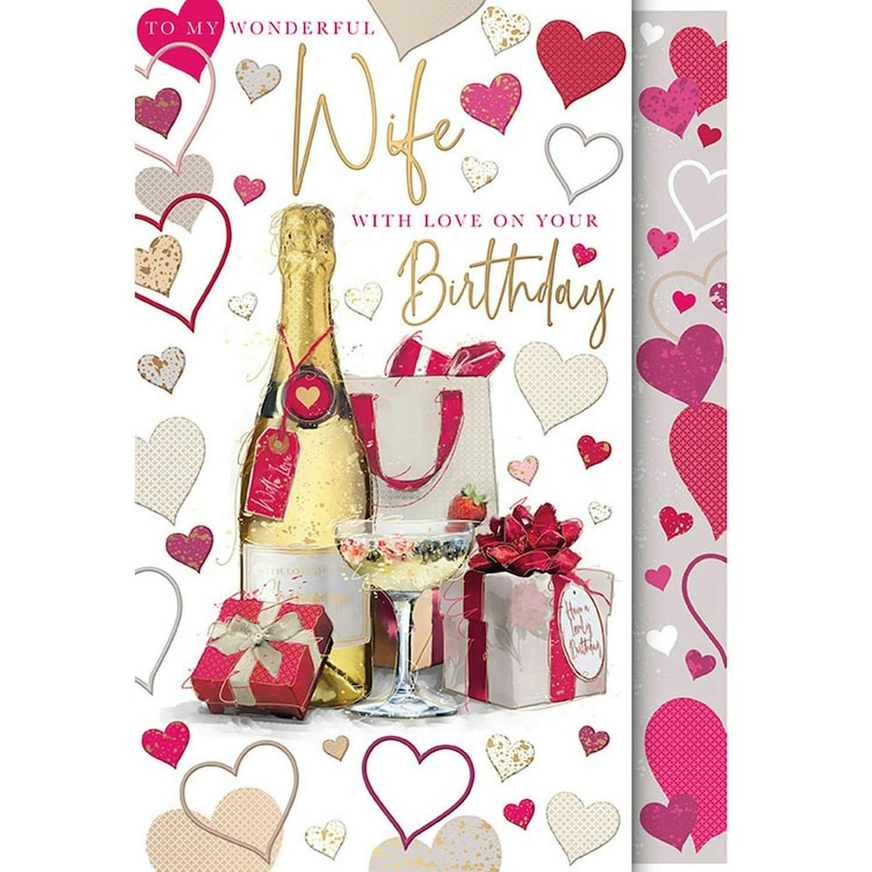 Words 'n' Wishes Wonderful Wife Large Birthday Card - Wrapped Gifts, Champagne and Hearts with Foil Finish - Eco-Friendly