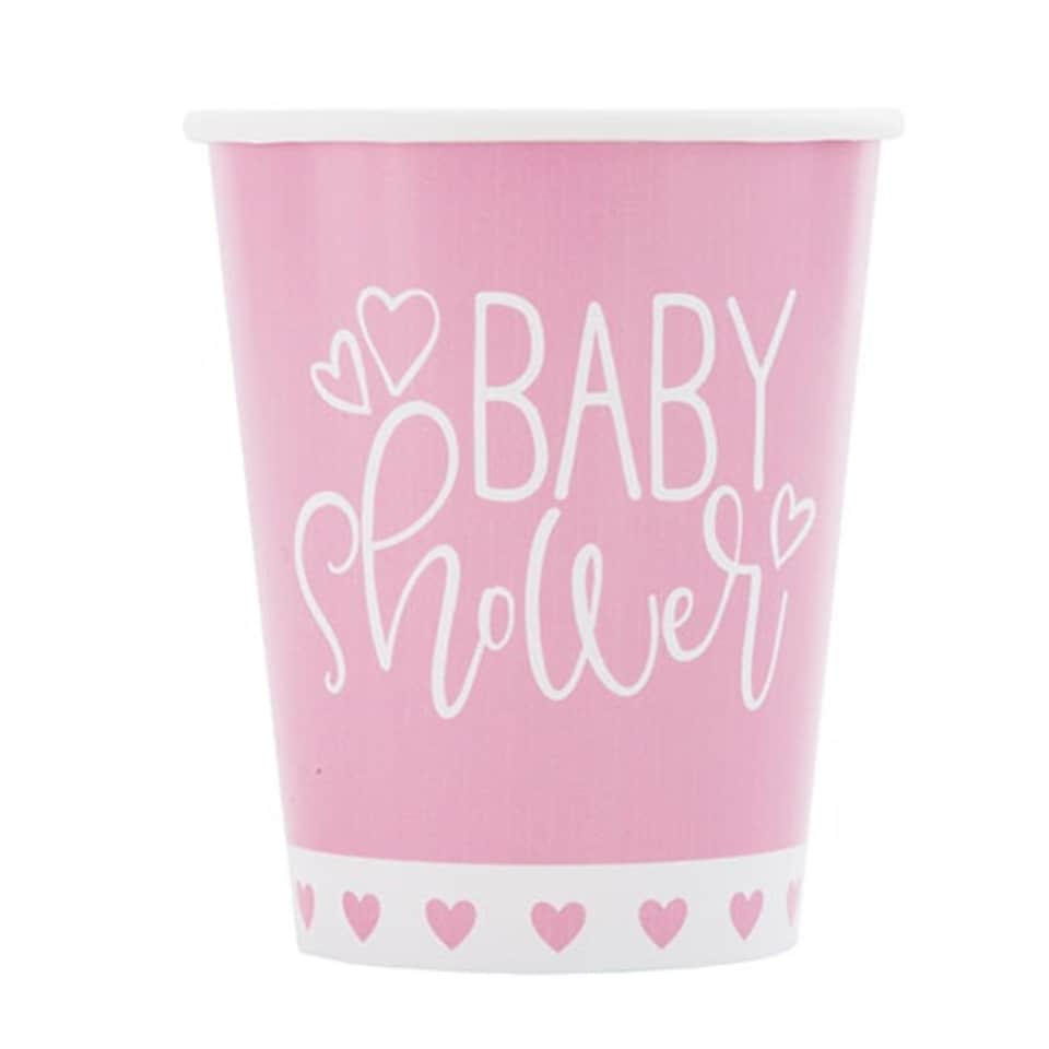 Pink Hearts Baby Shower Paper Cups 270ml - Pack of 8