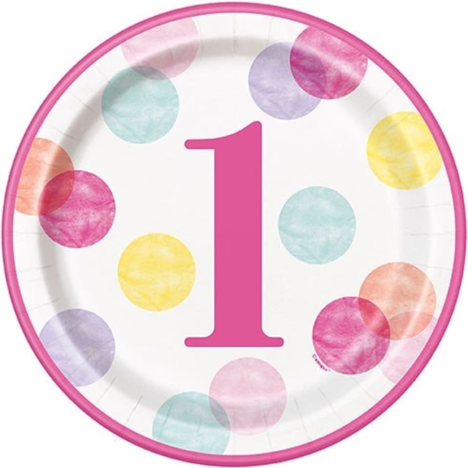 First Birthday Girl Pink Dots Round Paper Plates 22cm - Pack of 8