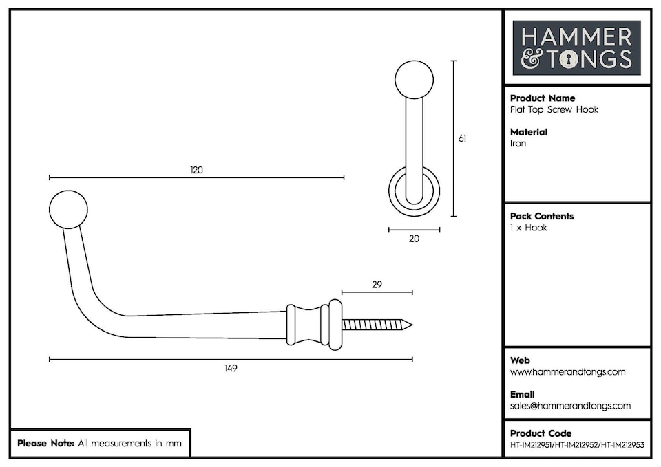 image 1 of Hammer & Tongs Flat Top Screw Hook - W20mm x H60mm - Brass
