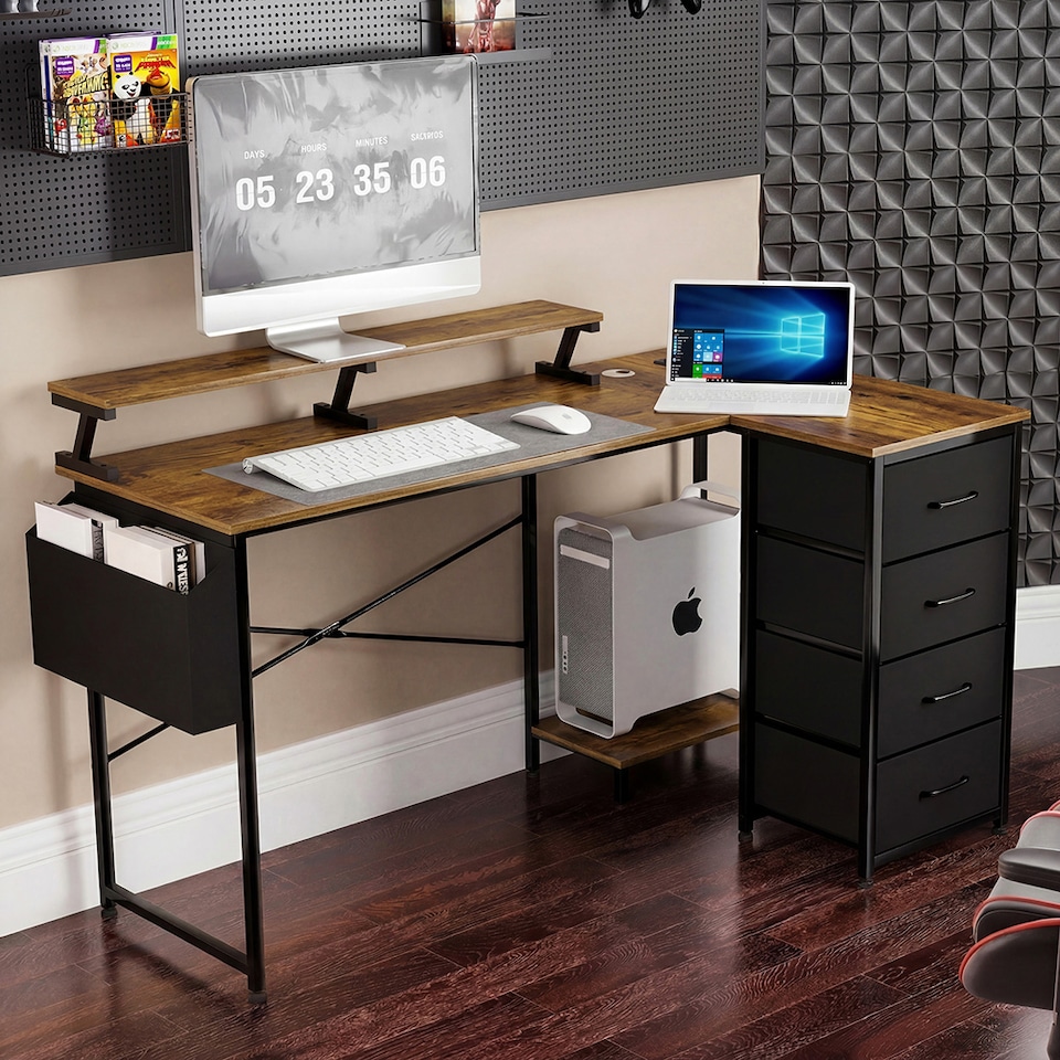 image 1 of Levede Gaming Desk L Shaped with USB Charging Port Power Outlet Walnut Color