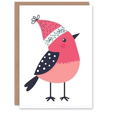 Robin Bird With Winter Hat Pink Blue Modern Blank For Him Or Her Art Christmas Card