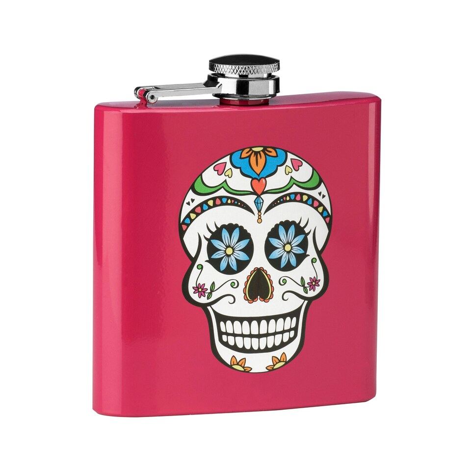 image 1 of Interiors by Premier Pink Hip Flask With Skull Design, 5oz Stainless Steel Flask With Fun Printed Graphic, Screw Cap