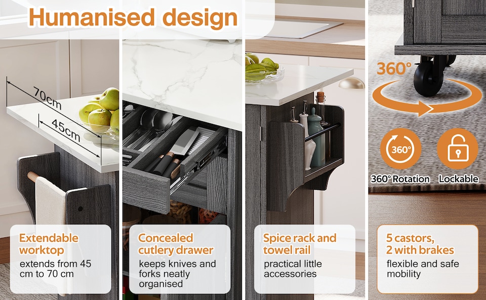 image 1 of VILUXE Mobile Kitchen Island with Foldable Worktop, Hidden Cutlery Drawer, Large Drawer, Adjustable Shelves, Door Racks, Towel Rack, Spice Rack and 5 Wheels, Grey