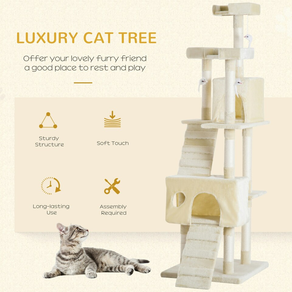 image 1 of PawHut Cat Tree, Kitten Scratch Post Climbing Tower 181 cm for Indoor, Beige