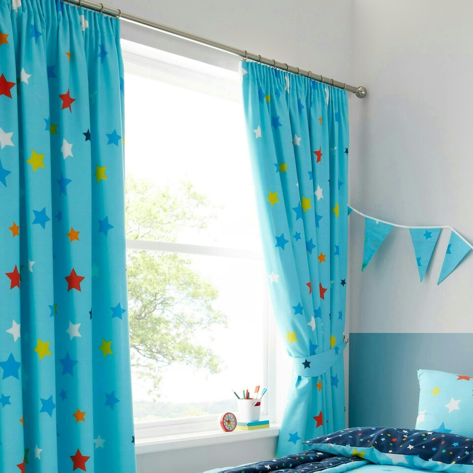image 1 of Multi Stars Blue Curtains 66" x 54"