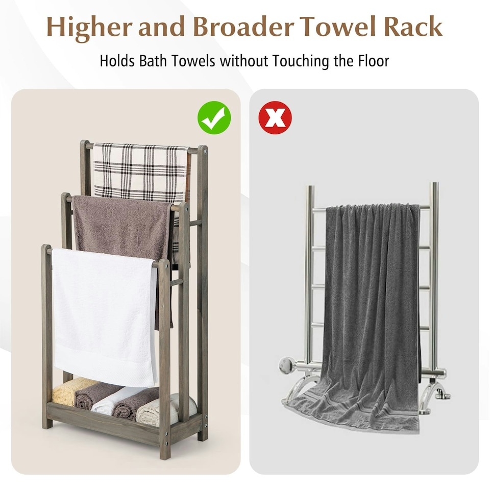 image 1 of COSTWAY 3-Tier Wooden Towel Rack 3 Bars Towel Shelf Grey