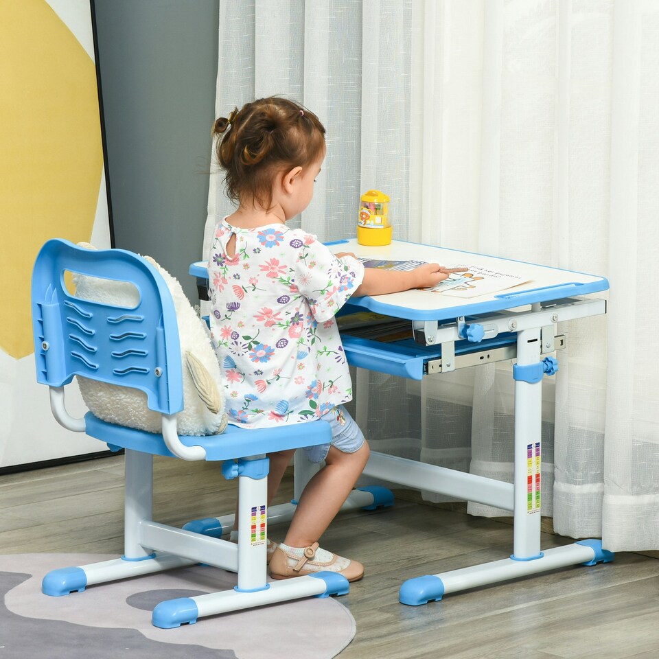 image 1 of HOMCOM Kids Desk and Chair Set Adjustable Tiltable with Drawer Pen Slot Hook Blue