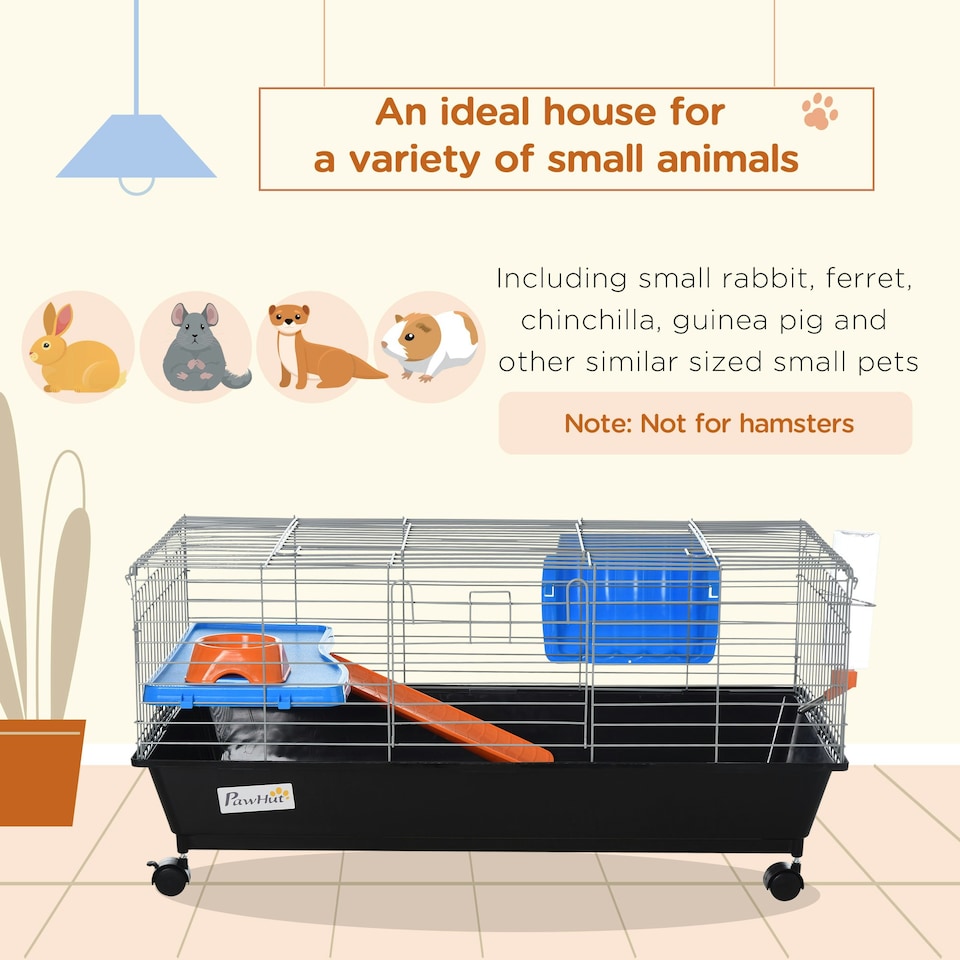 image 1 of PawHut 89cm Small Animal Cage for Rabbit Guinea Pig w/ Food Dish Black