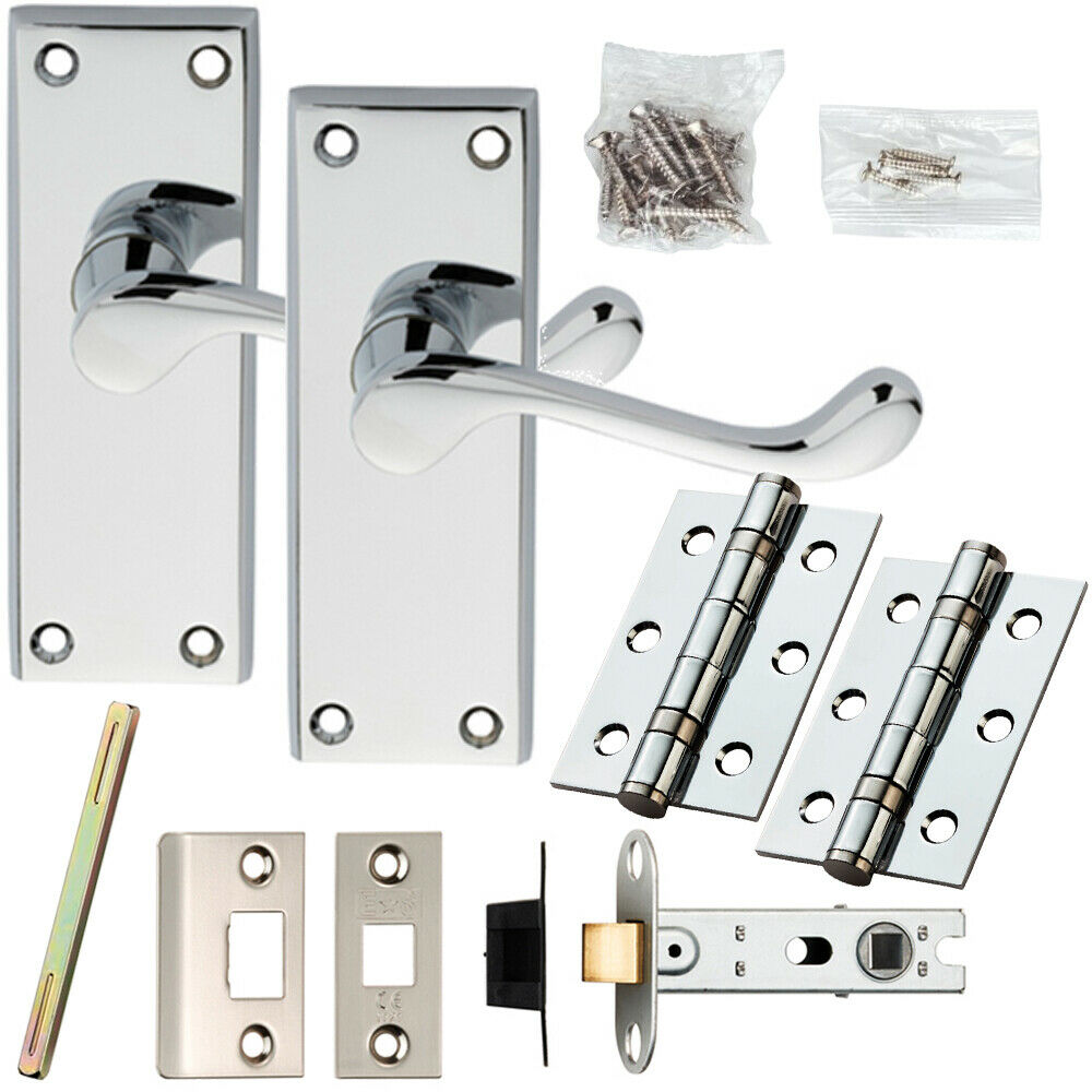 Loops Door Handle & Latch Pack Chrome Victorian Scroll Short Lever Plate 118 x 43mm
