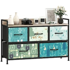 HOMCOM 5-Drawer Chest of Drawers, Fabric Dresser with Open Shelf, Blue | Blue | Black frame, wood-effect top | One Size | 1