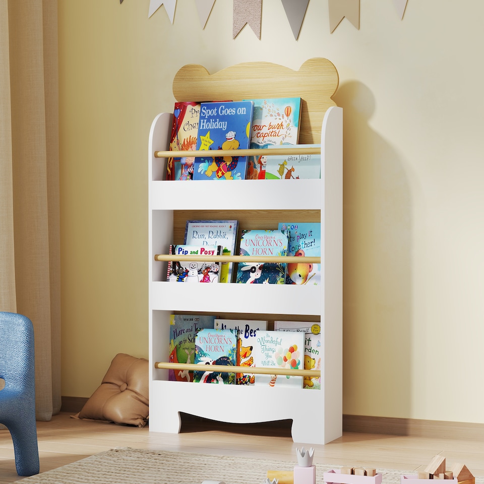 image 1 of AIYAPLAY Kids Bookshelf, 3 Tier Children Bookcase, Bear Theme Toddler Space-Saving Bookcase for Living Room, Kids Room, Playroom, White