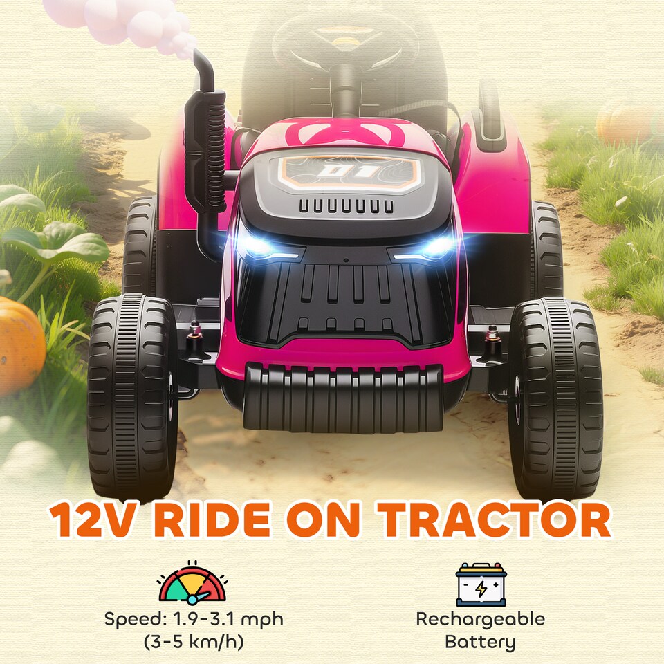 image 1 of AIYAPLAY Ride on Tractor with Trailer, 12V Electric Vehicle with Remote Control, Ride on Car for Kids with Music, Shifter, Start-Up Sound for Ages 3-8 Years | Pink