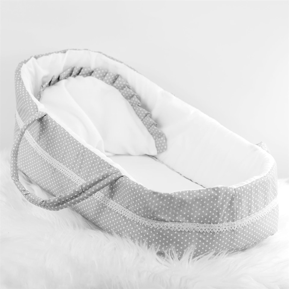 image 1 of BiBi Doll Baby Doll Grey Polka Dot Carry Cot up to 20" Dolls