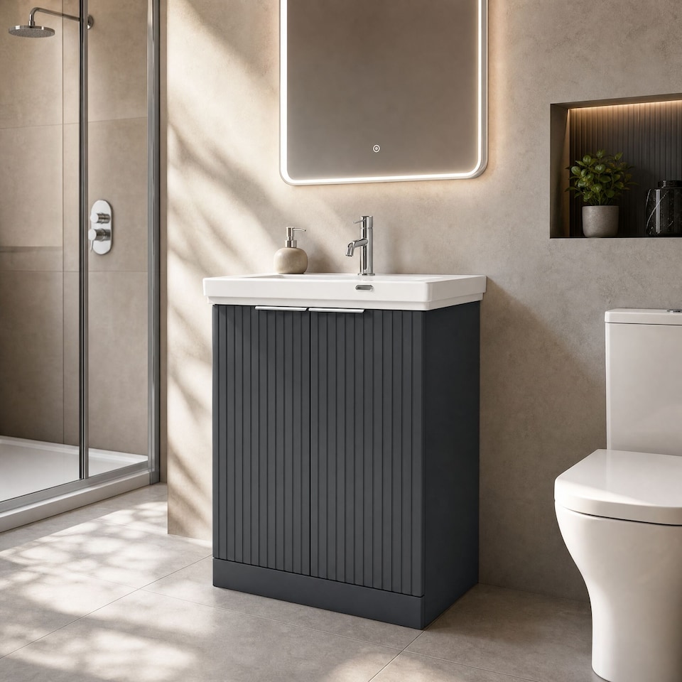image 1 of Balterley Callingwood Contemporary Floor Standing 2 Door Vanity Unit with Traditional 1 Tap Hole Fireclay Basin , 600mm, Dark Grey