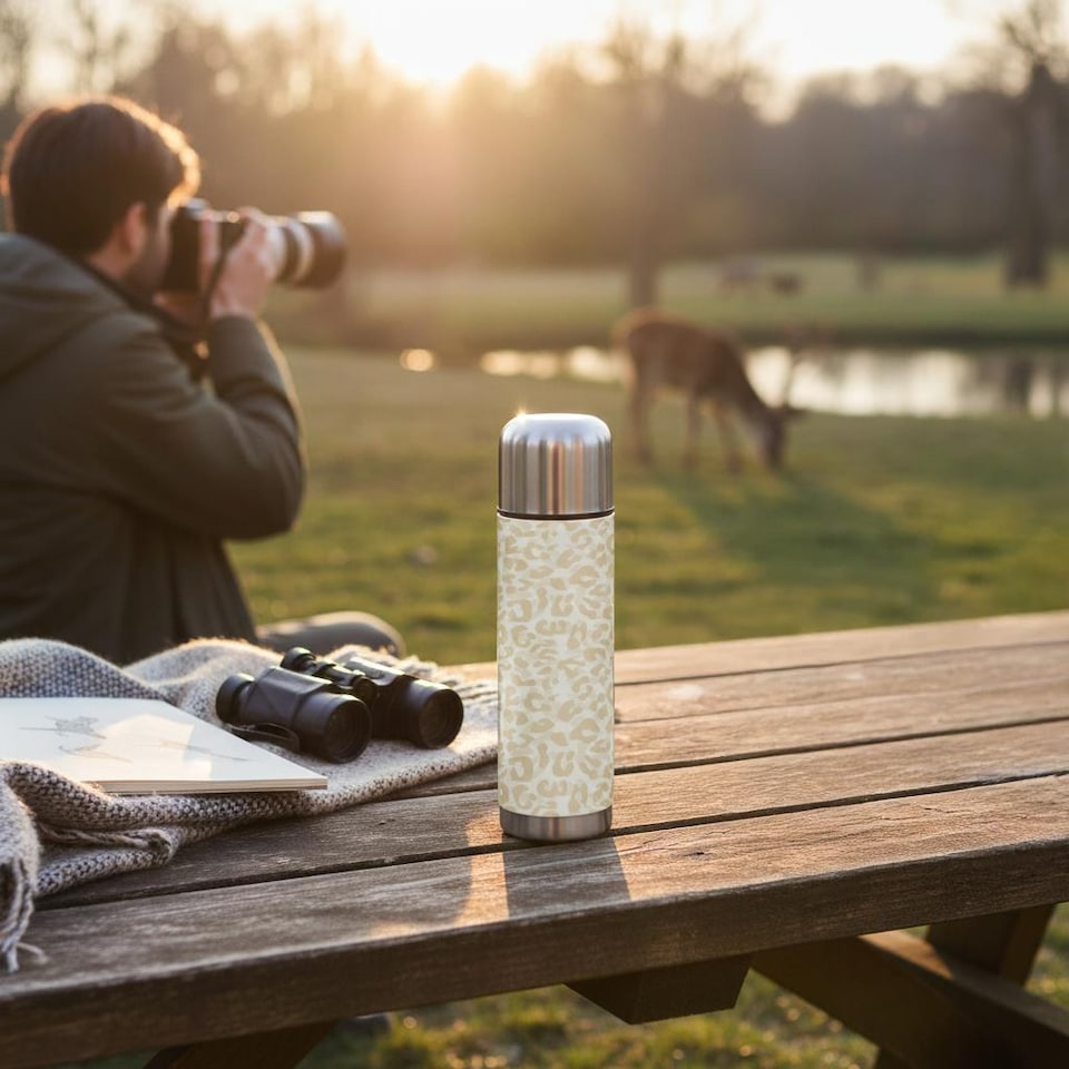 image 1 of Beige Leopard Print Large Reusable Thermal Flask