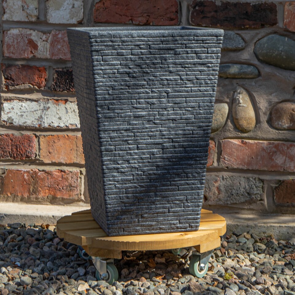 image 1 of Tom Chambers Handcrafted Heavy Duty Round Traditional Wood Garden Patio Plant Flower Pot Stand Caddy Trolley Dolly on Strong Metal Castor Wheels 40cm