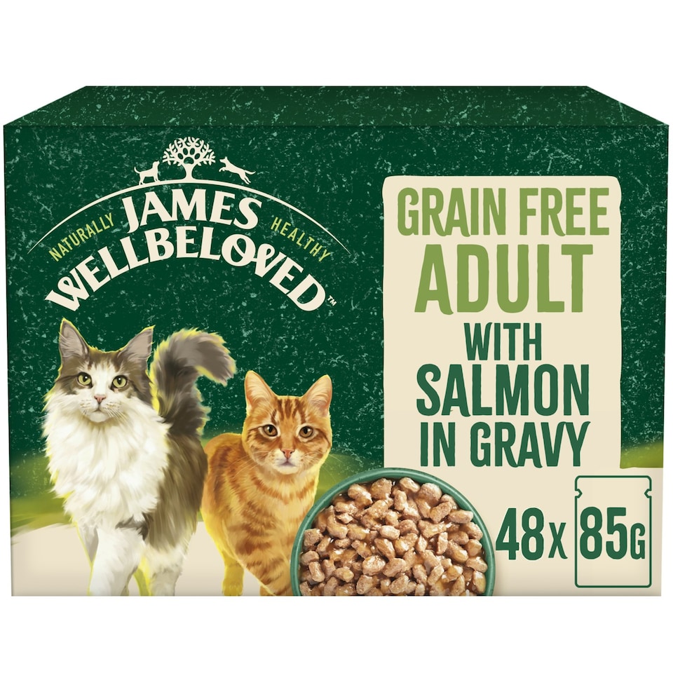 image 1 of James Wellbeloved Grain Free Adult Wet Cat Food Pouches Salmon in Gravy 48 x 85g