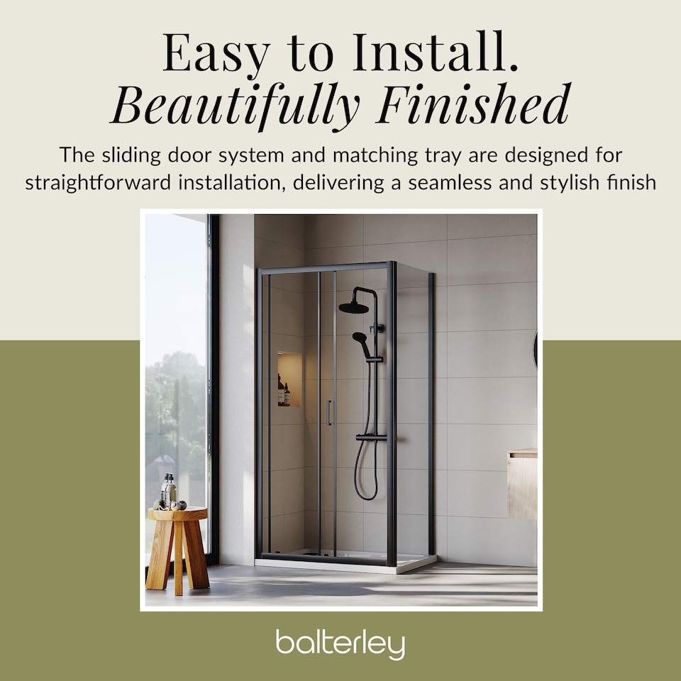 image 1 of Balterley Sliding Shower Suite with 6mm Safety Glass Door, Side Panel & 1200 x 700mm Tray in Matt Black Finish | Black | Matt Black | 3