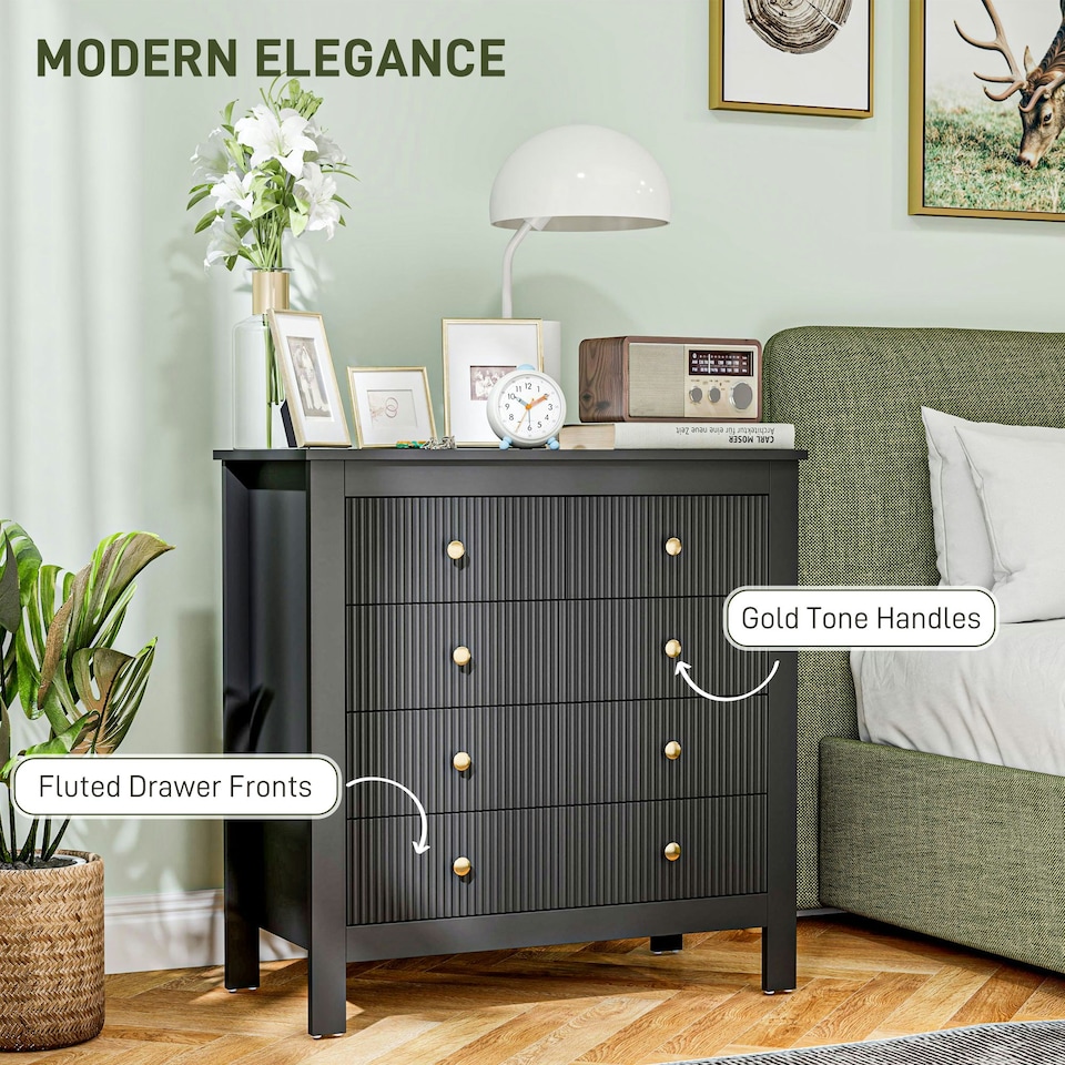 image 1 of HOMCOM Fluted Bedroom Chest of Drawers w/ 5 Drawers Gold Tone Handles Black