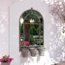 Wall Mirror with Triple Planter - Distressed Metal - L15 x W45 x H78 cm | Grey