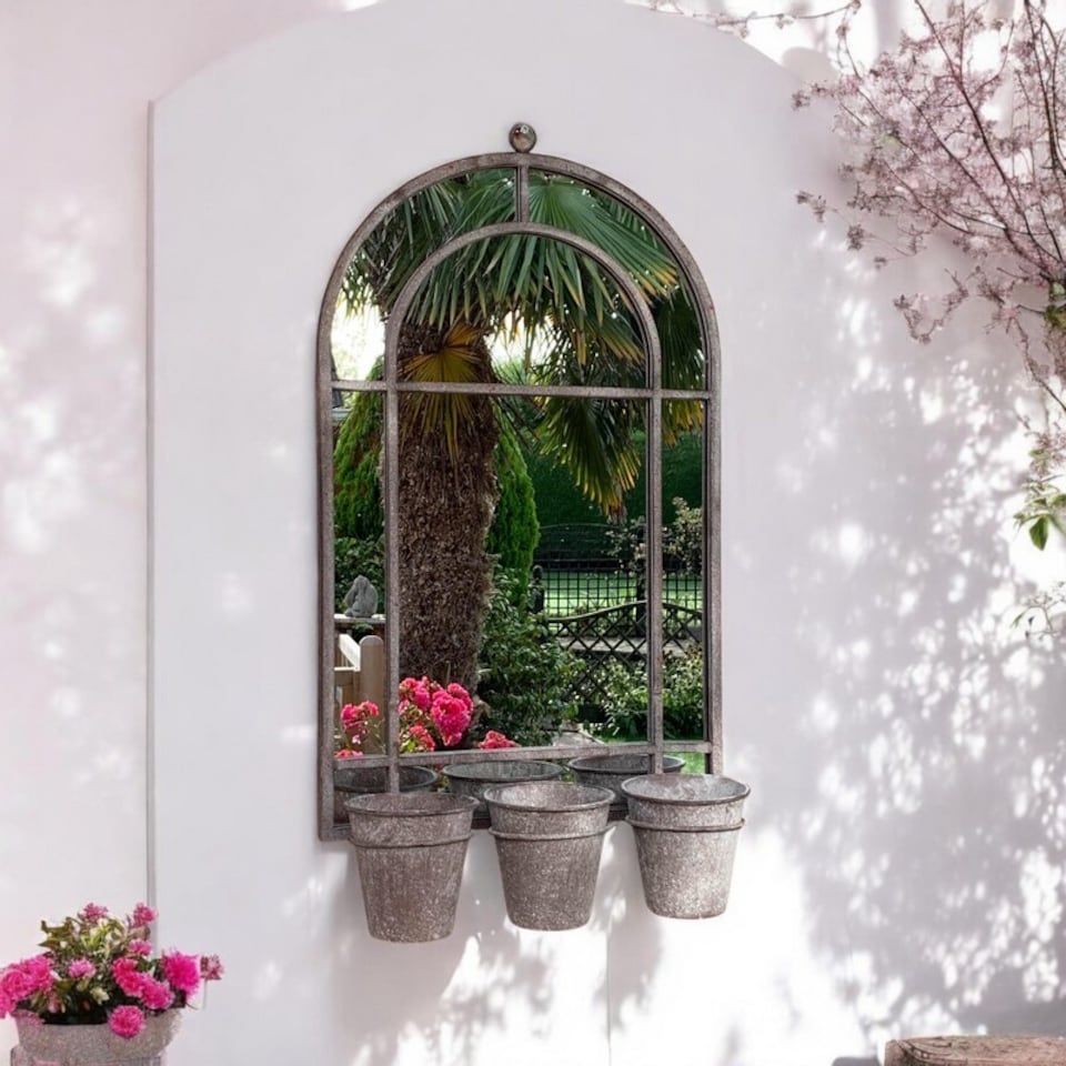 image 1 of Wall Mirror with Triple Planter - Distressed Metal - L15 x W45 x H78 cm | Grey