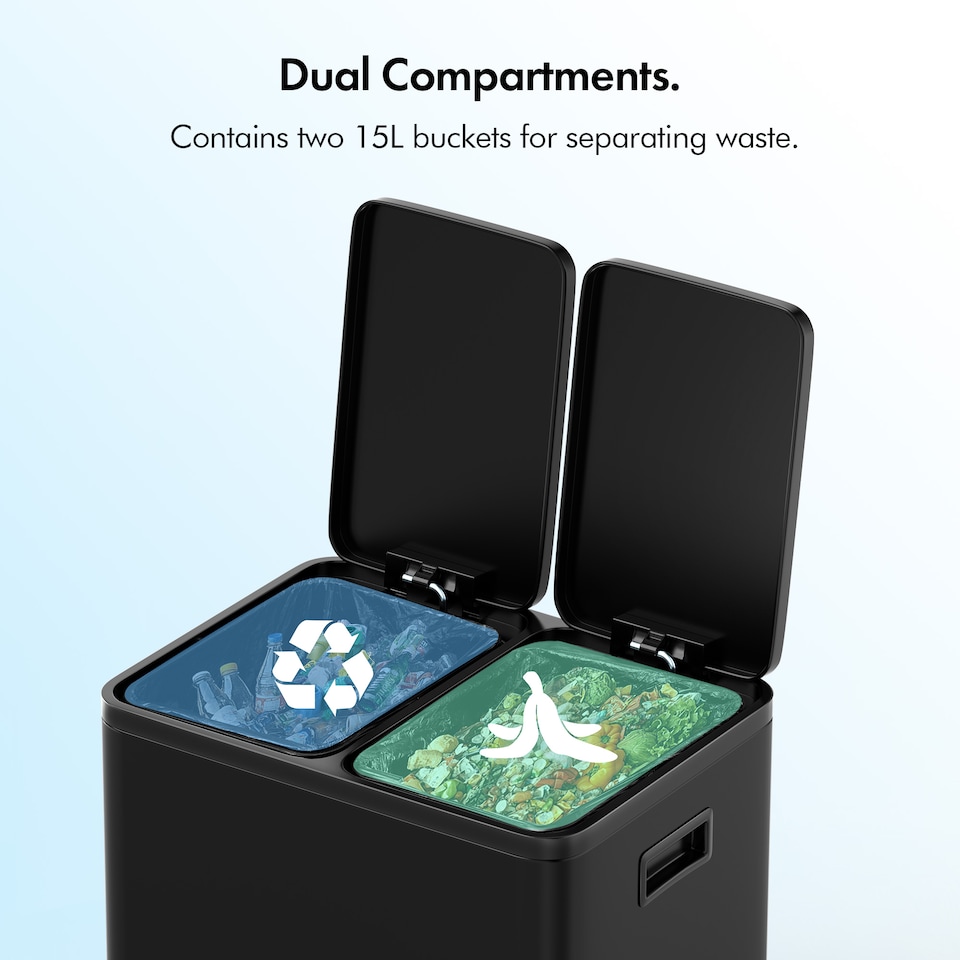 image 1 of VonHaus Cream 30L Waste & Recycling Kitchen Bin, 2 x 15L Black Compartment Pedal Bin w/ Non Slip Base, Removable In-Bins | Black | Matte Black | 45L