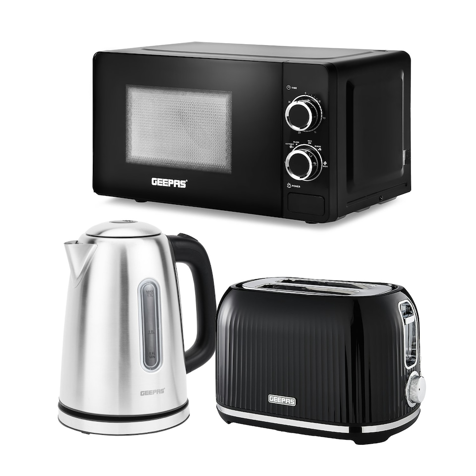 image 1 of GEEPAS Illuminating Electric Kettle 2 Slice Bread Toaster & Microwave Kitchen Combo Set Black