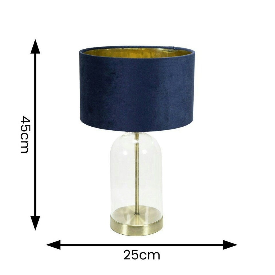 image 1 of ValueLights Jessy Glass with Gold Trim Table Lamp with Navy Blue Velvet with Gold Inner Lamp Shade Blue
