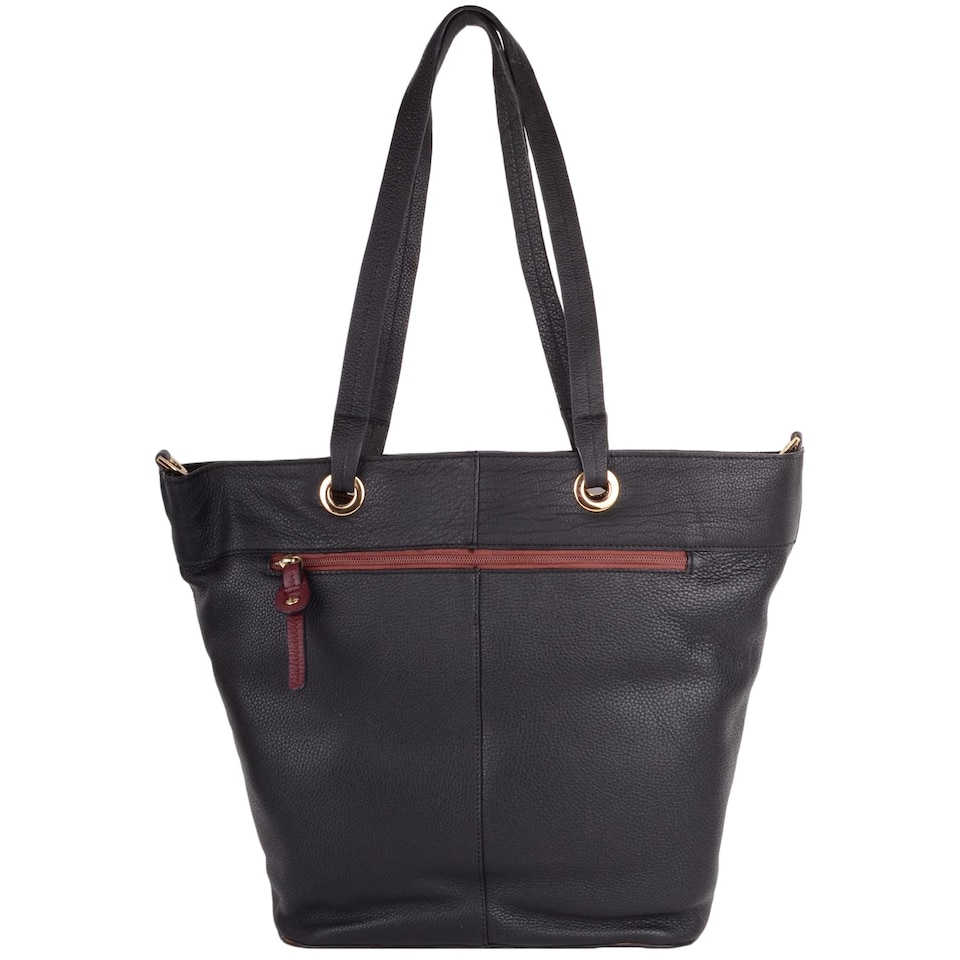 image 1 of London Leathergoods Womens Premium Genuine Leather Large Shoulder Tote Handbag with Contrasting Colours | Black | Black/Burgundy