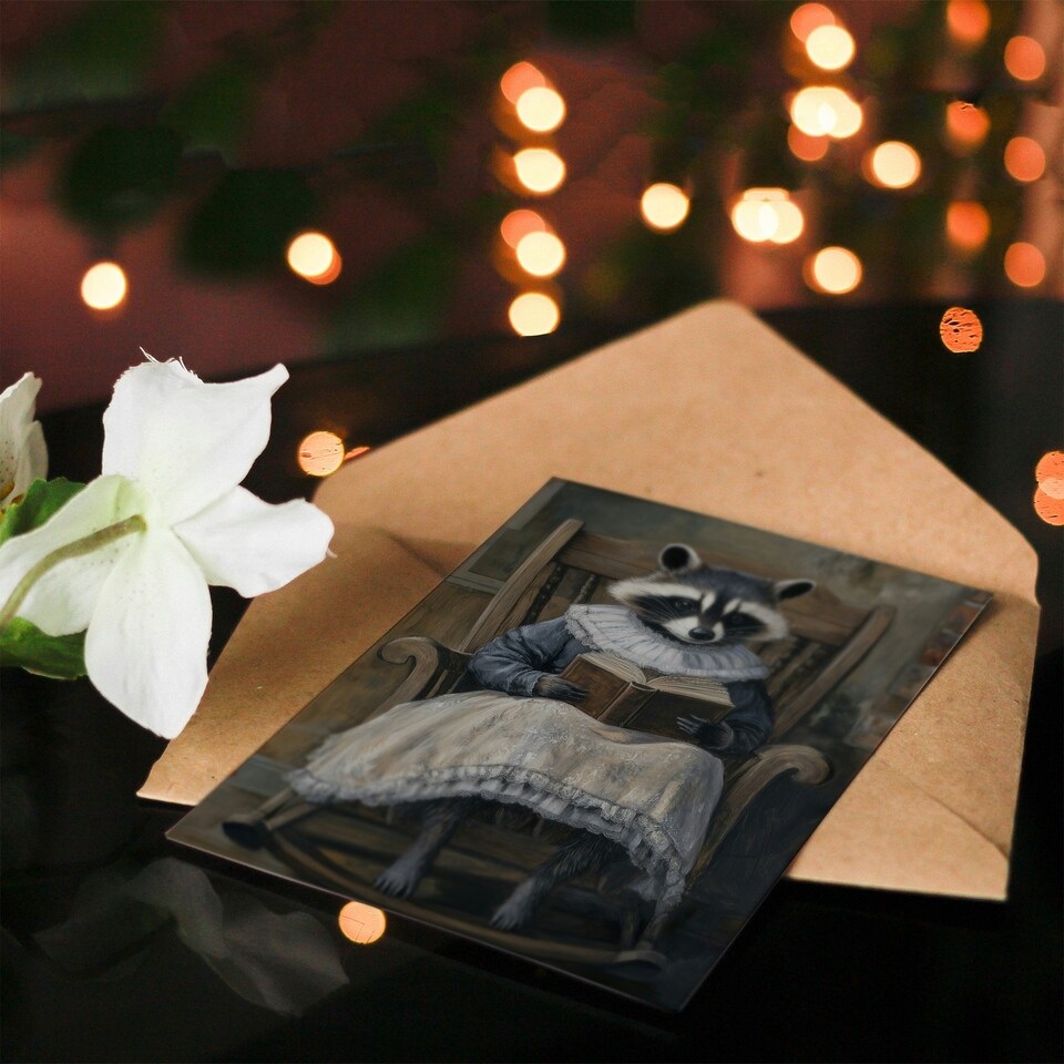 image 1 of Raccoon Reading Bedtime Story on Rocking Chair Birthday Greeting Card