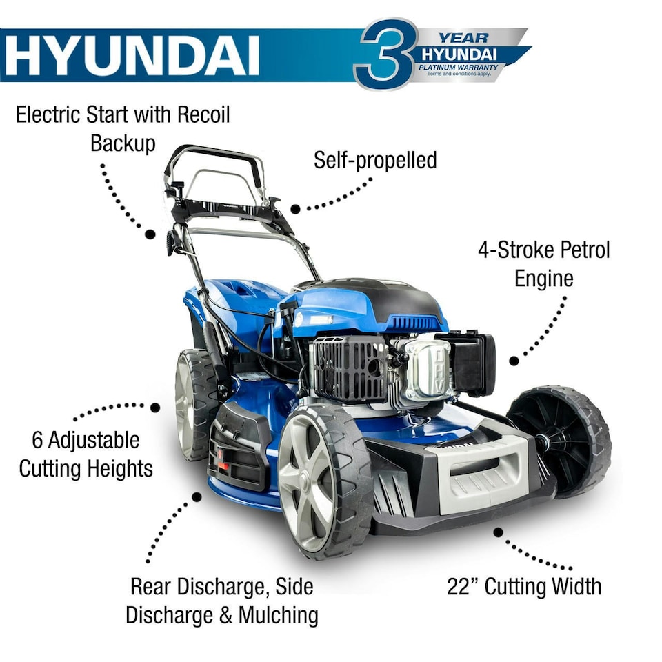 image 1 of Hyundai 22”/56cm 196cc 4-in-1 Electric-Start Self-Propelled Petrol Lawnmower | HYM560SPE