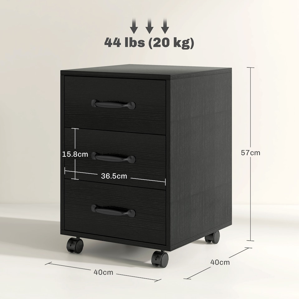 image 1 of HOMCOM 3-Drawer Filing Cabinet, Mobile File Cabinet for Home Office, Small Rolling Filing Cabinet, Printer Stand, Under Desk File Cabinet for A4, Letter-Size Files, Black Wood Grain