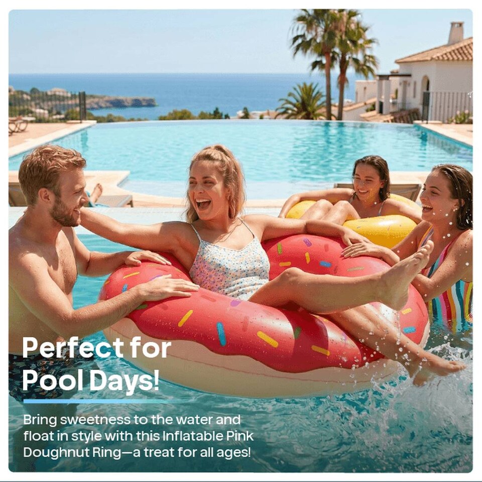 image 1 of Inflatable Pink Doughnut - 42 inches/107cm Donut with Pink Icing Design - Adults Kids Boys Girls Fun Summer Activity Pool Party Beach Day Swimming Toy Float