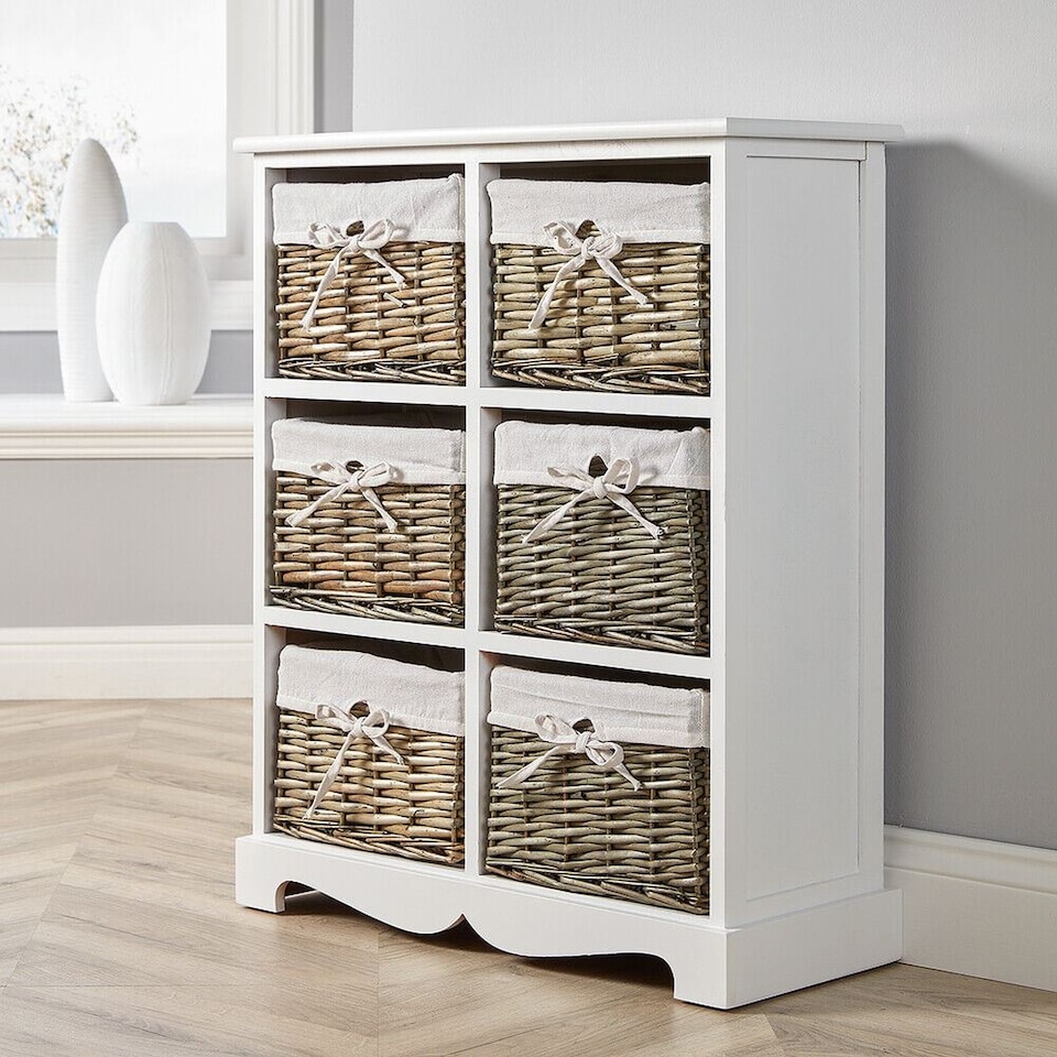 image 1 of Wooden Chest Of Drawer Storage Unit Willow Wicker Baskets Bedside Fully Assembled | White