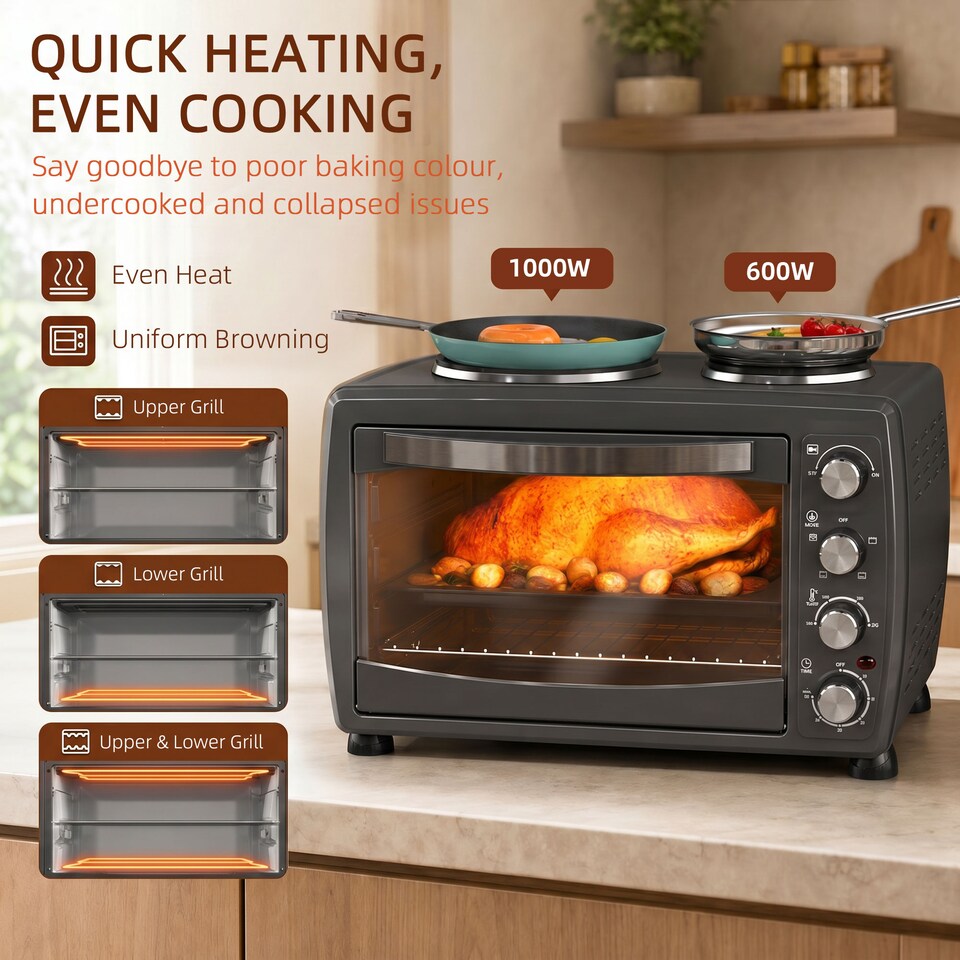 image 1 of HOMCOM 36L Countertop Toaster Oven with 2 Hot Plates, Grill, Roast, Bake