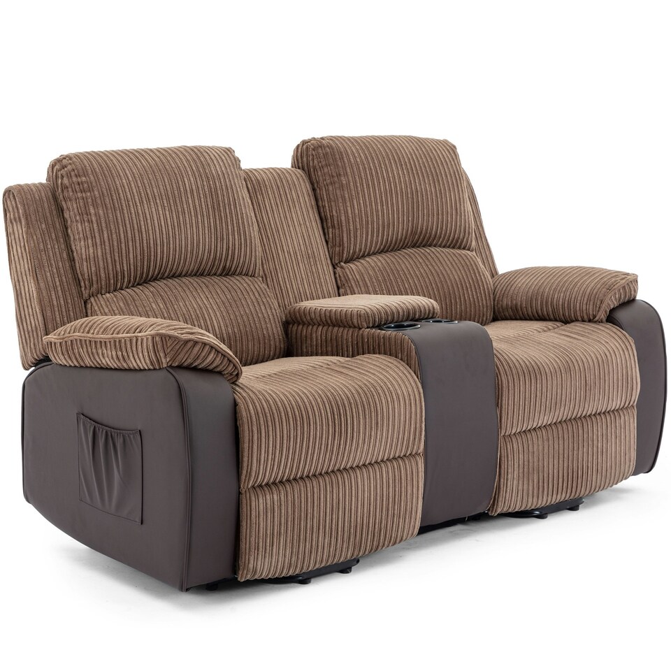 image 1 of Postana Dual Motor Rise Recliner 2 Seater Cord Drinks Console Sofa (Brown)