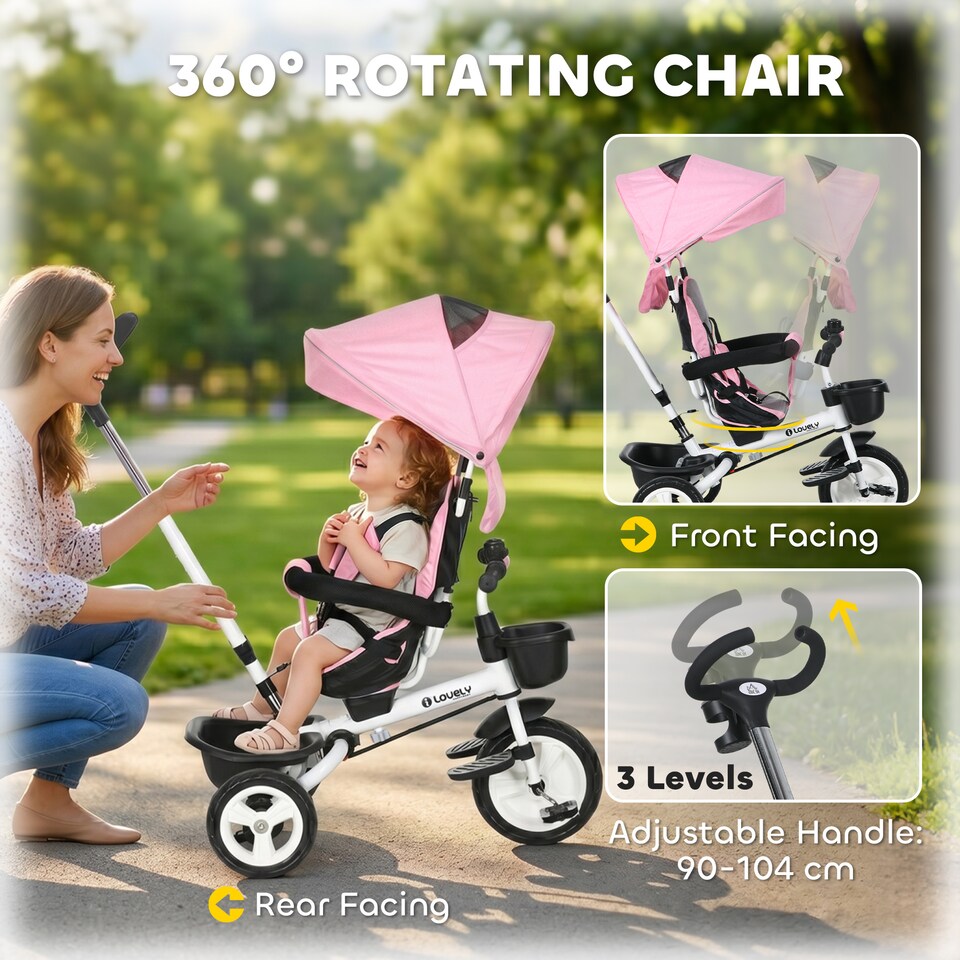 image 1 of HOMCOM 6 in 1 Trike for Toddler 1-5 Years with Parent Handle, Pink