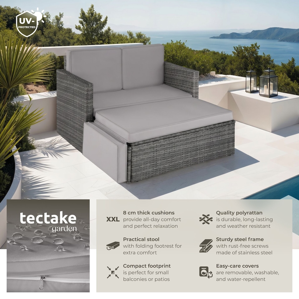 image 1 of Garden Sofa Corfu - 2 seater sofa, stool sun lounger, thick cushions | Grey | grey | 119 x 64,50 x 71,50 cm | 1
