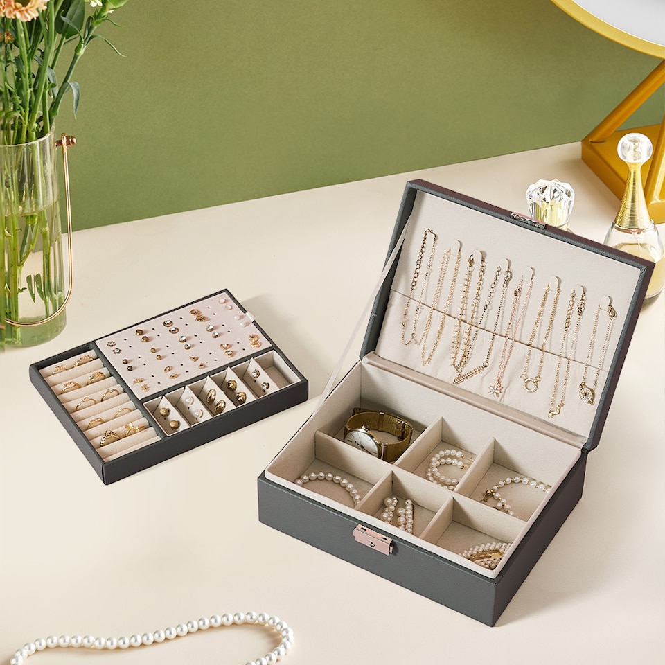 image 1 of Living and Home Lockable Double Tier Faux Leather Jewellery Organizer | Grey