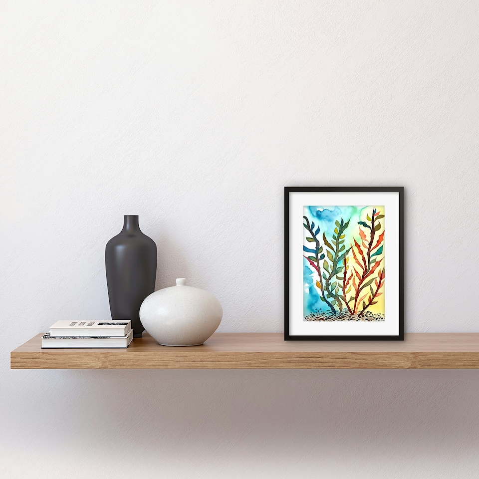 image 1 of Seaweed Sea Floor Watercolour Folk Art Bathroom 9x7" Black Framed Wall Art Print