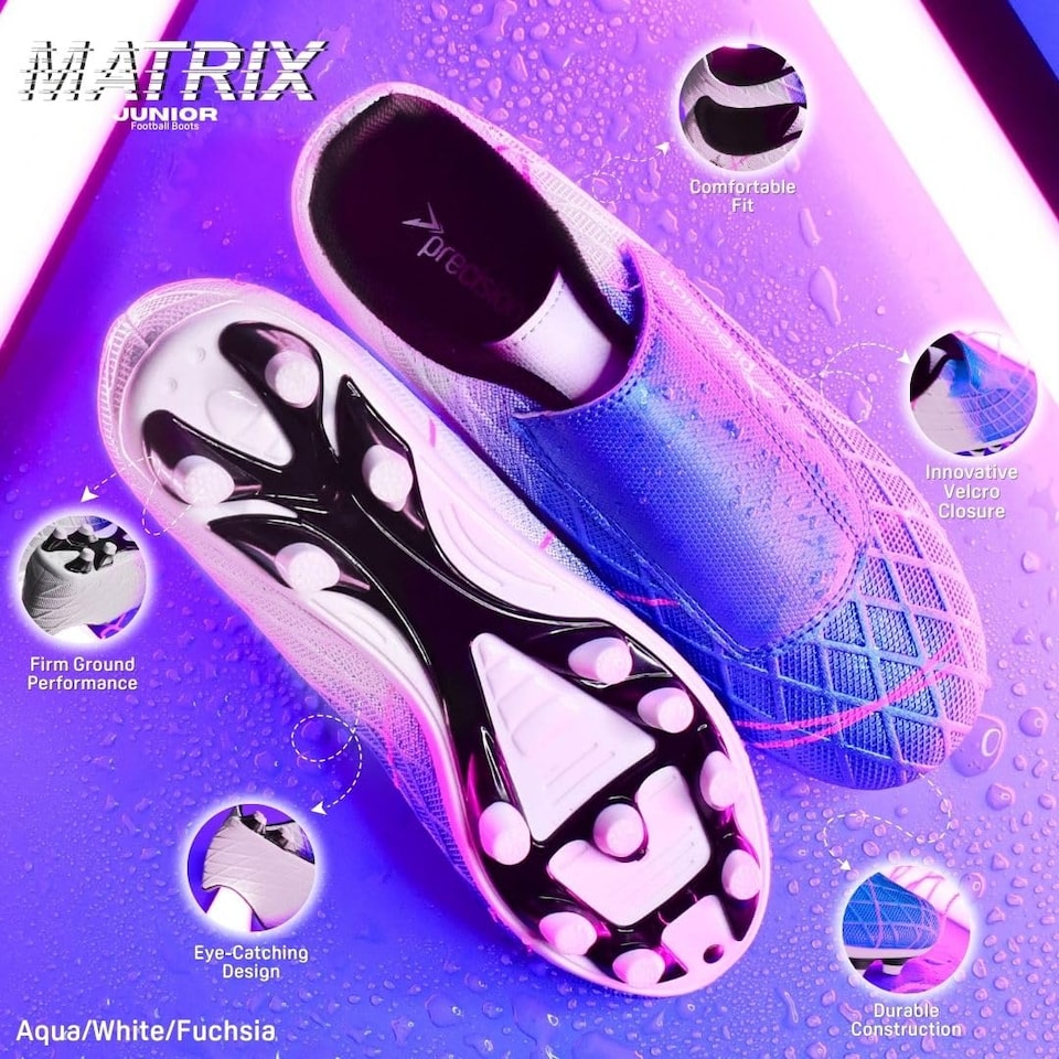 image 1 of Precision Matrix Firm Ground Football Boots, Kids Laceless Secure Fit, Comfortable, Durable, Ideal For Junior Footballers, Aqua Blue, Size 10 UK Child