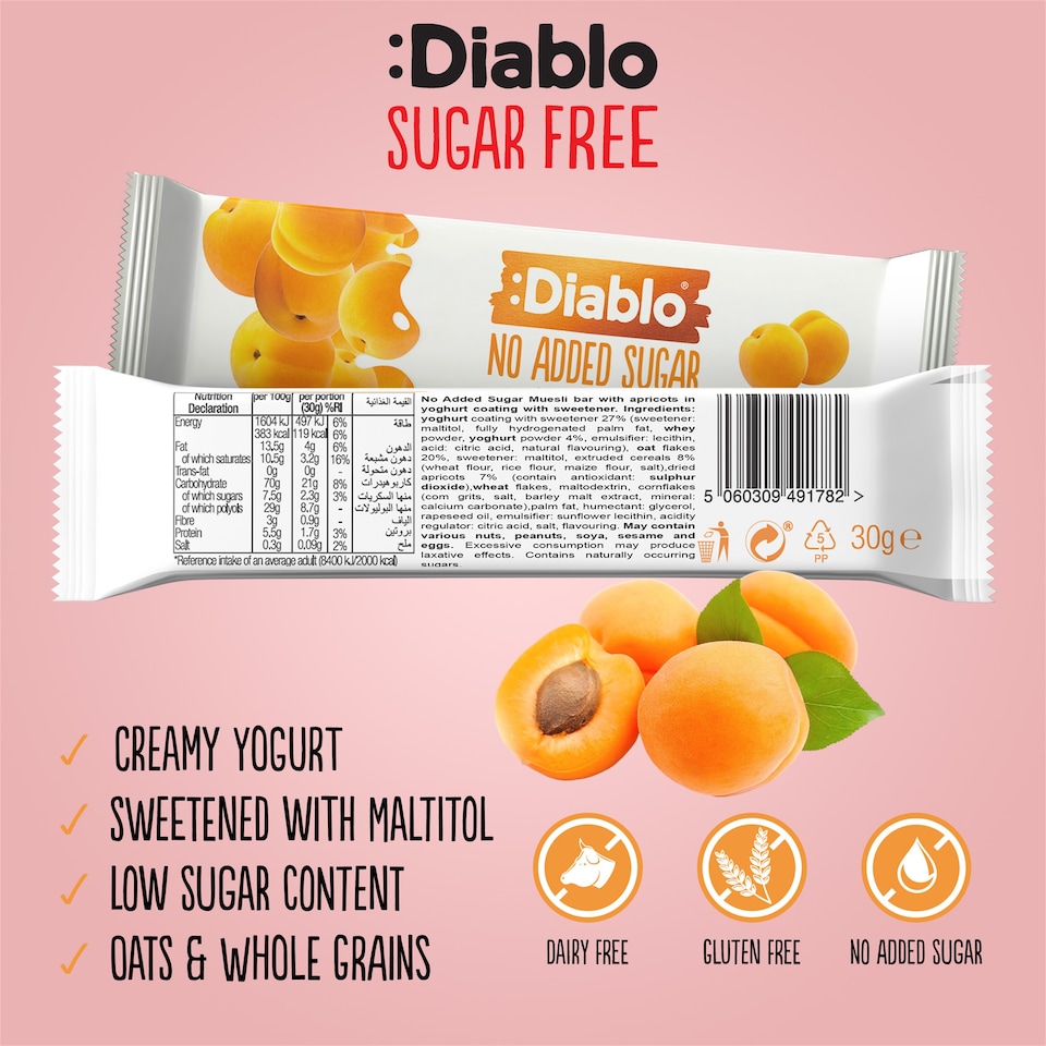 image 1 of Diablo No Added Sugar Yoghurt and Apricot Muesli Bar 30g 6 Pack