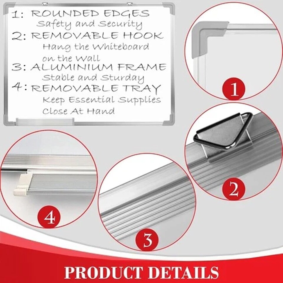 image 1 of 2x Magnetic Whiteboard 900 x 600mm Silver Aluminum Frame Lightweight Hanging Dry Wipe White Board Office, School & Home Writing