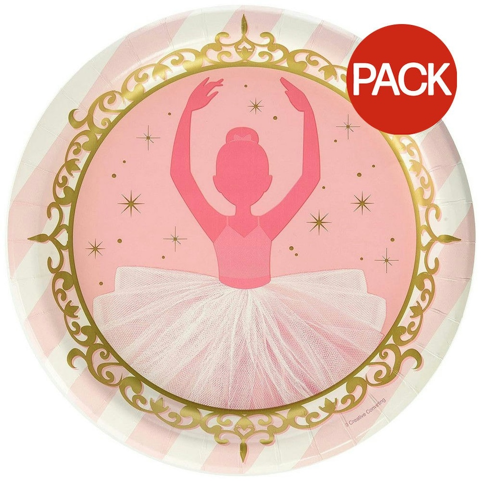 Creative Party Paper Ballerina Dinner Plate (Pack of 8) - Pink/White/Gold - One Size