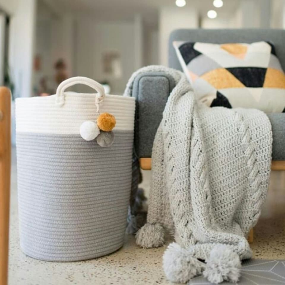 image 1 of Living and Home Woven Cotton Basket Storage Clothes Hamper Laundry Basket - Grey & White