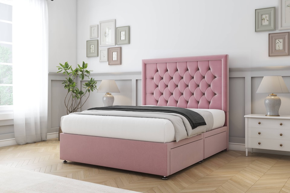 image 1 of Sloomy Montana Pink Plush Divan Bed Base No Drawers With 26 Inch Strutted Headboard | Pink | Pink | Super King | 1