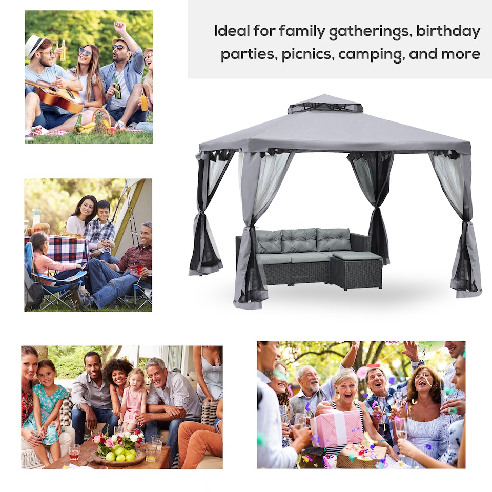 image 1 of Outsunny 3 x 3 m Metal Gazebo Garden Pavillion Double Roof Outdoor Canopy Shelter with Mesh Sidewalls Grey