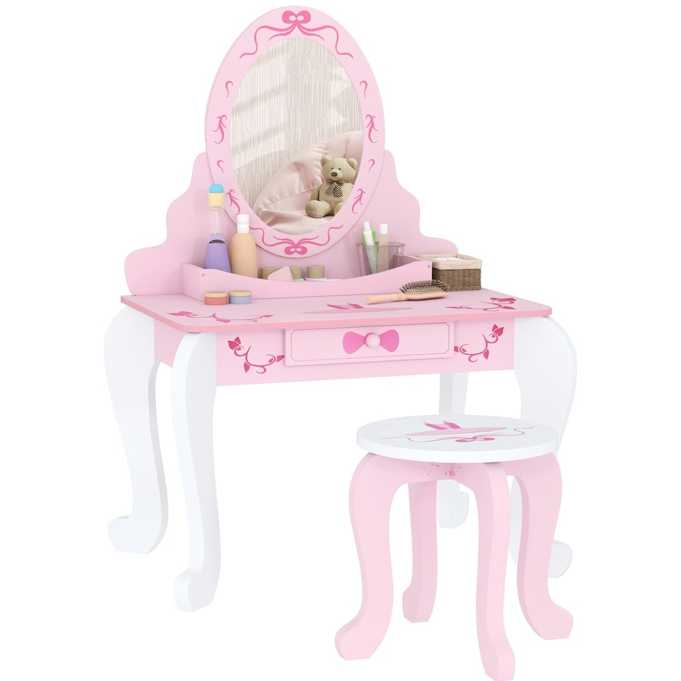 image 1 of AIYAPLAY Kids Dressing Table Set, 2 PCS Children Vanity Table with Stool Pink